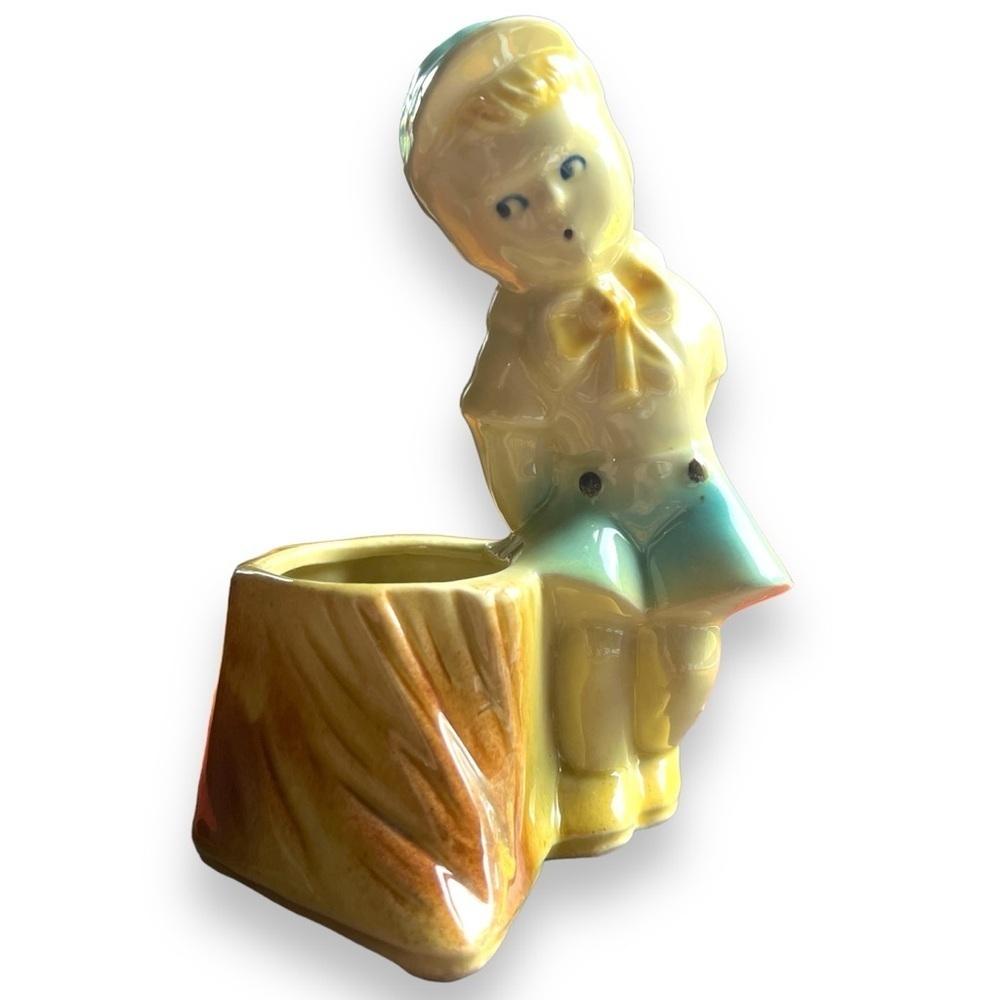 Vintage Whistling Mischievous Boy Tree Stump USA Ceramic Planter Pot Whimsical